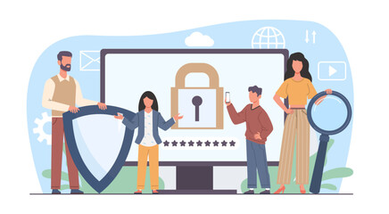 Parental control, dad and mom block banned or inappropriate content on internet. Censored information, children protection, cartoon flat family characters isolated illustration. Vector concept