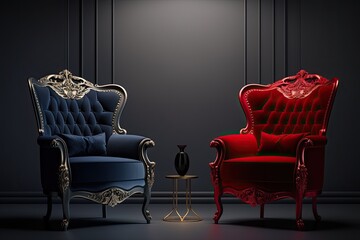 two chairs in contrasting colors placed side by side. Generative AI