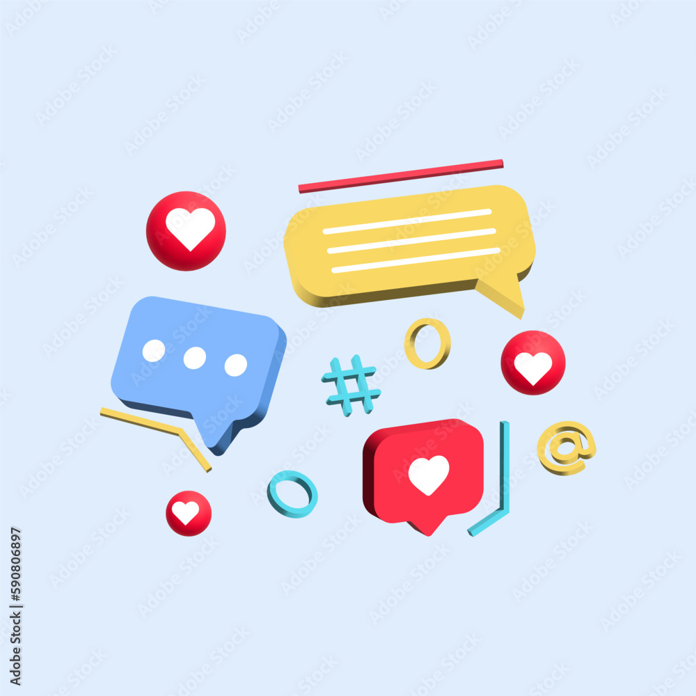 Poster 3d speech bubble chat message icon. social media communication concept background , heart in speech 