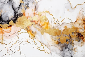 Naklejka premium Abstract background drawn with alcohol ink technique, liquid painting supplemented with gold ornaments, watercolor painting, white background. Generative AI