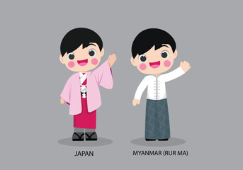 Obraz na płótnie Canvas Japan peopel in national dress. Set of Myanmar man dressed in national clothes. Vector flat illustration.