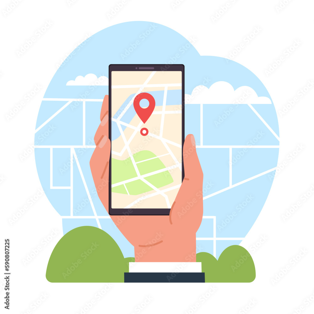 Poster phone navigation app with map and location pointer. hand hold smartphone with city streets on device