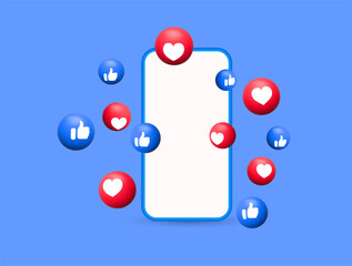 social media post template. notification icons : thumb up icon, heart like icon button. social network background with smartphone - isolated mobile phone mockup. digital marketing vector illustration