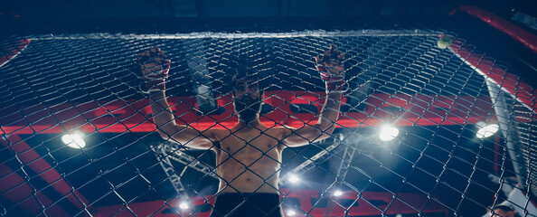 Portrait man MMA fighter on octagon ring. Fighting Championship banner, dark background
