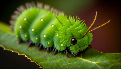 Fototapeta premium Caterpillar crawls on green leaf, pre butterfly growth generated by AI