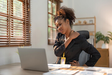 young business woman neck and shoulder pain injury with red highlights on pain area, healthcare and...