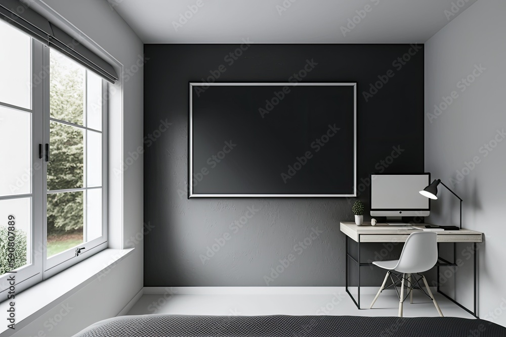 Poster minimalist monochromatic bedroom with a functional workspace. generative ai