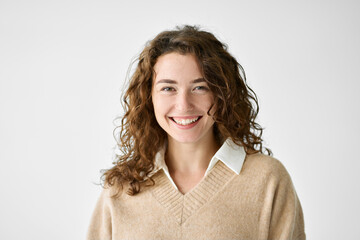 Young smiling positive woman, happy curly joyful cheerful girl student laughing, looking at camera...