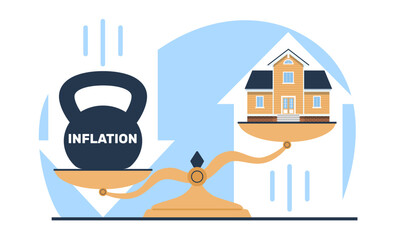 Rising home prices, real estate inflation. Residential building and weight on scale. Mortgage loans in economic crisis, rising price. Cartoon flat illustration. Vector financial concept