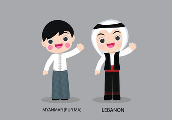 Obraz na płótnie Canvas Lebanon peopel in national dress. Set of Myanmar man dressed in national clothes. Vector flat illustration.