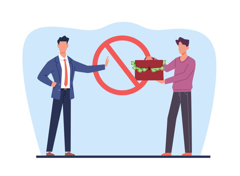 Stop corruption, businessman does not accept money in suitcase from man. Male character giving bribe suitcase with cash dollars. Honest businessman cartoon flat illustration. Vector concept