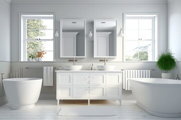 Fototapeta na wymiar modern white bathroom with sleek fixtures and a bathtub, sink, and toilet. Generative AI