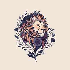 Lion with flower and leaves illustration, isolated background