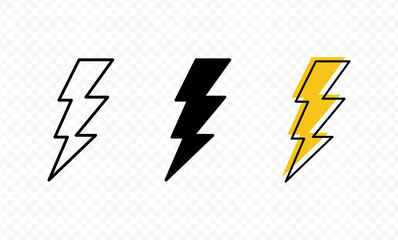 lightning bolt icon set. flash thunder icon. electric power vector icons - lightning energy bolt in yellow flat icon. Creative vector illustration