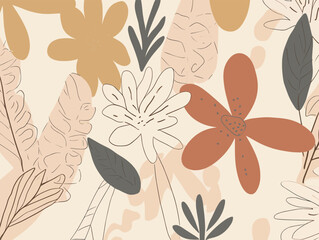 Seamless pattern with hand drawn flowers and leaves. Vector illustration.