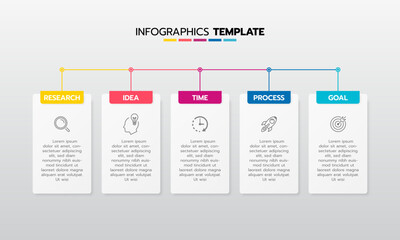 Business infographic template process with simple geometry square, rectangle, circle, triangle, curves in flat design template with thin line icons and 5 options or steps. Vector illustration.