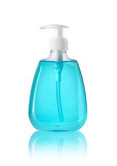 Plastic bottle with blue liquid soap on a white background