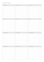 A year goal plan template with a simple and minimal style. Note, scheduler, diary, calendar planner document template illustration.