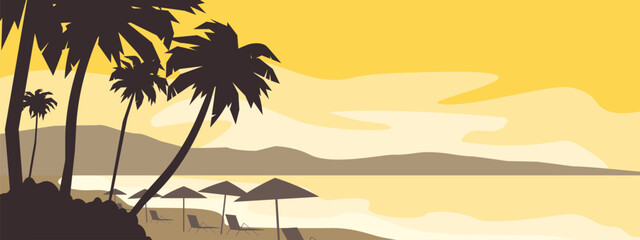 sunset on the tropical beach palm trees loungers umbrellas  summer seascape vector illustration