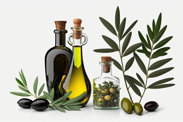 bottle of olive oil, olives, and a sprig of olive on a wooden surface. Generative AI