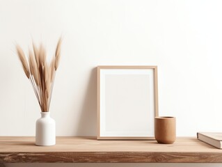 Blank picture frame mockup in interior background.