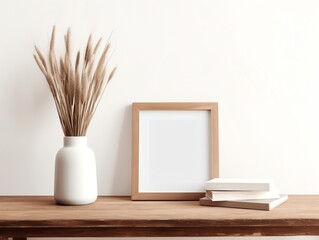 Blank photo frame on wooden table and white wall. Mock up.