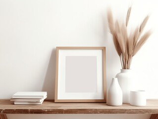 Blank picture frame on wooden shelf in room. 3d render.