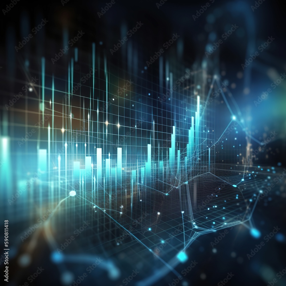 Poster stock market graph on the screen, abstract technology background with glowing lights. generative ai