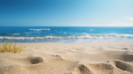 Fototapeta na wymiar Coastal Summer Product Placement Scene: Sandy Beach with Blurred Sea Background