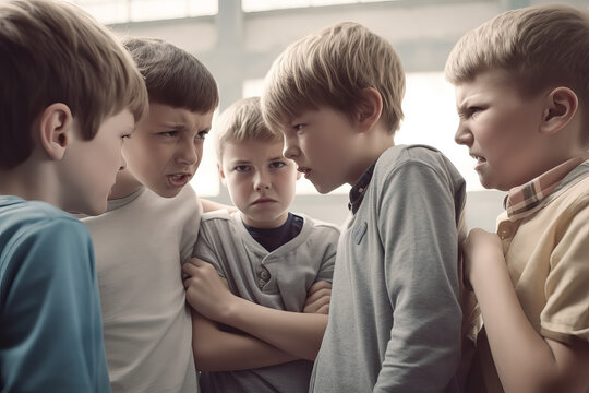 GRUPO DE NI&Ntilde;OS ACOSANDO A OTRO MAS PEQUE&Ntilde;O. BULLYING ESCOLAR. ILUSTRACION. COLOR. IA GENERATIVA. HORIZONTAL