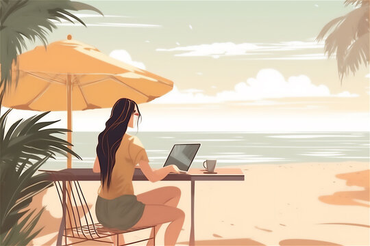 freedom and flexibility of freelance work. woman, laptop seated in a cozy beach cafe, surrounded by the sights and sounds of paradise.generative ai