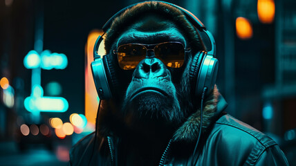 Gorilla mit Sonnenbrille und Kopfhörer in der Stadt im 16:9 Format in orange teal Colour Look. Generative Ai.