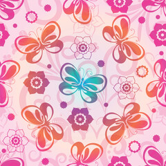 Vector seamless floral pattern with colorful butterflies and flowers on a white background.