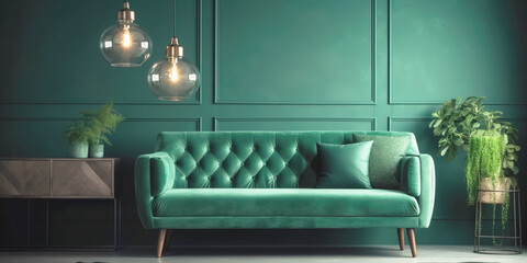 Living room interior with green sofa and decoration room on empty dark green wall background. Banner Copyspace.