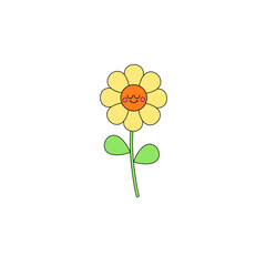 groovy yellow summer smiling flower with smiling face, stem and leaf isolate on a transparent background