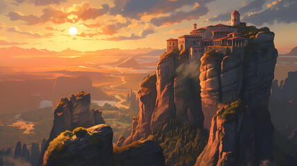 Illustration of beautiful view of Meteora, Greece - obrazy, fototapety, plakaty