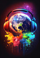 Planet Earth with Headphones Illustration, World Music Concept, Generative AI 