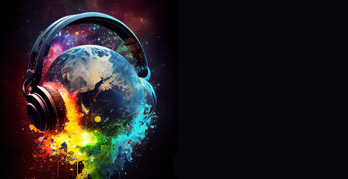 Planet Earth with Headphones Illustration, World Music Concept, Generative AI 