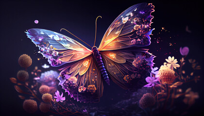 Fototapeta na wymiar Butterfly illustration with shining flower. Generative AI.