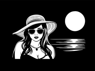 Beautiful woman in a big hat and sunglasses on the background of the river and the moon. Black and white vector illustration