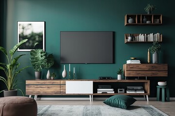 modern living room with green walls and a large screen TV. Generative AI