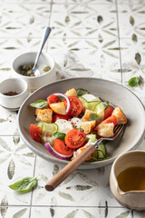 Traditional italian tomato salad panzanella with mozzarella, capers, red onion, croutons, cucumbers and basil. Summer salad on printed tile background with copy space