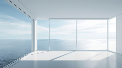 Fototapeta premium A white room with a wide view of the sea, made with Generative Ai