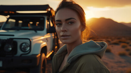 Beautiful female explorer or social media influencer and her 4x4 mountain truck in wilderness at golden hour