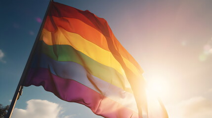 sun through gay pride rainbow flag waving in wind, made with generative ai