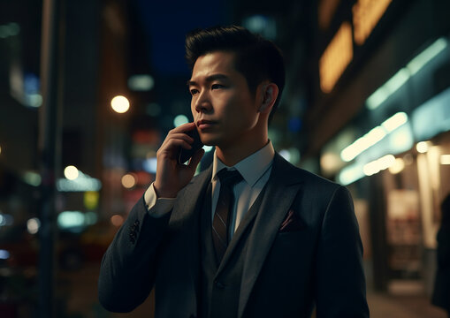 Young Asian businessman with city at night background