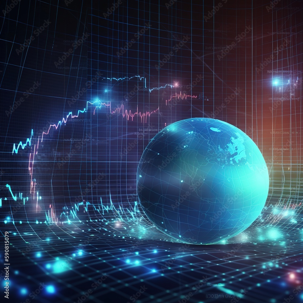 Poster marketing graph evaluating stock market fluctuations. future technology and analytics, a globe holog