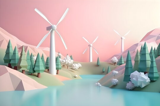 cute 3d wind turbines in pastel pink landscape environment, made with generative ai