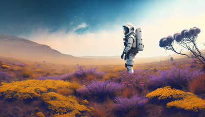 Astronaut in an Alien Planet in a Floral Field Illustration, Generative AI