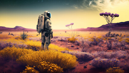Astronaut in an Alien Planet in a Floral Field Illustration, Generative AI